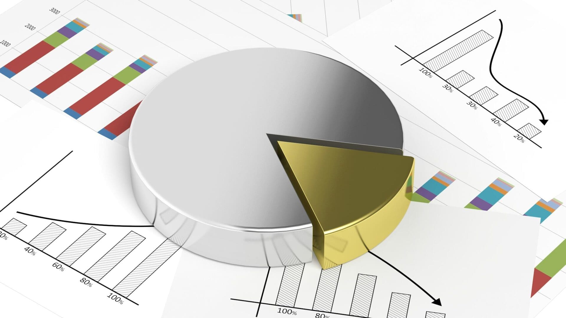 Silver and gold business pie chart on documents