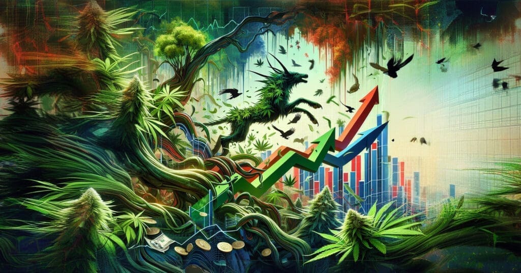 AI Generated Jumping Cannabis Dragon Like Horse riding to the top of the stock market